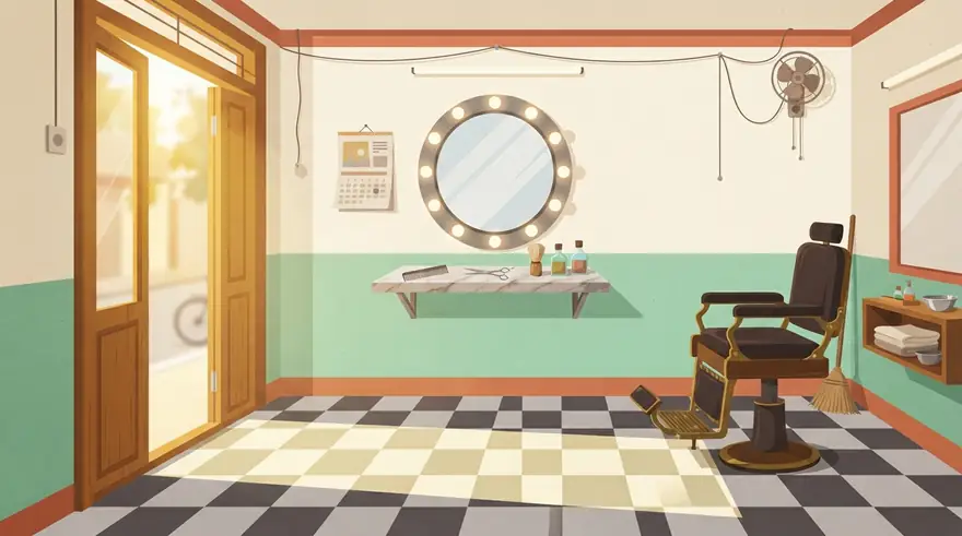 Illustration of an Indian barber shop in mid-afternoon: sunlight through an open doorway across a checkered floor, a bulb-framed mirror on a mint green wall, and a marble shelf of combs, scissors and hair-oil bottles.